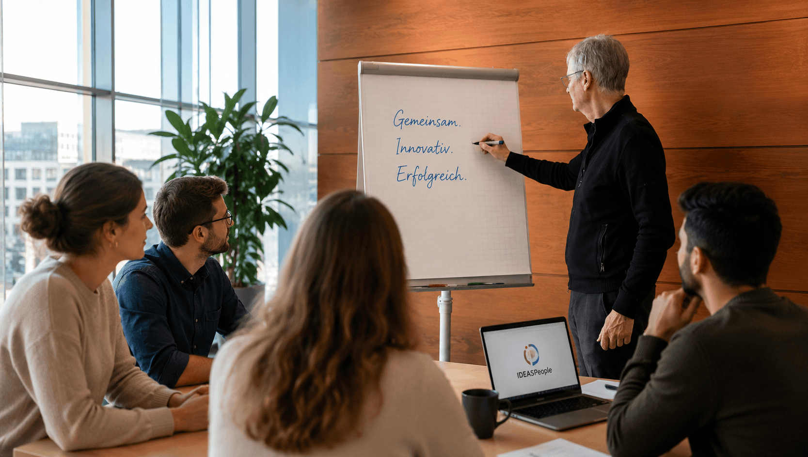 IDEASPEOPLE Gruppenmeeting am Flipchart